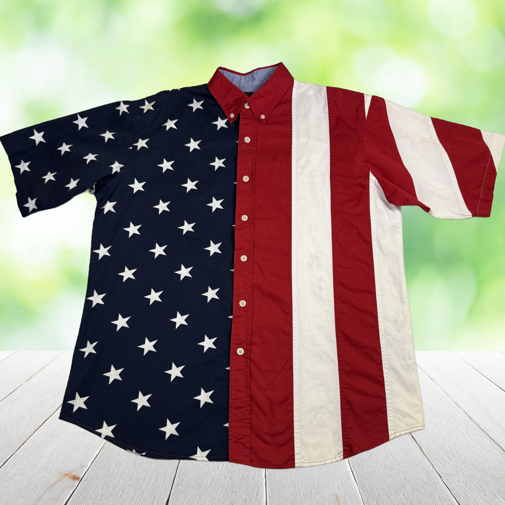 Vtg Y2K REDHEAD American Flag Shirt Pieced Patchwork Stars Stripes Patriotic L